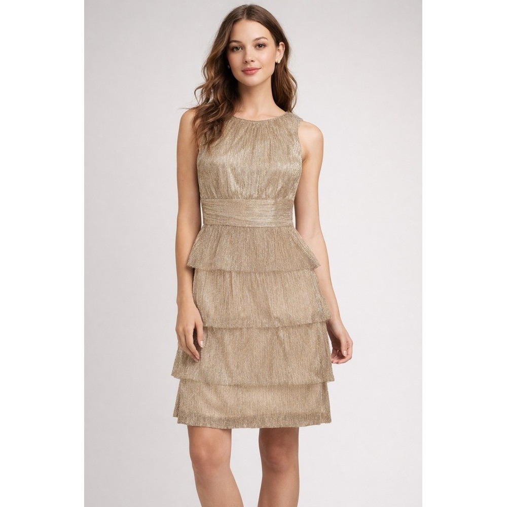 Maggy London‎ Dress Sz 6 Gold Metallic Pleated Ruffle Knee Length wedding guest